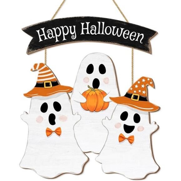 Halloween Ghost Door Sign BOO Decorations, Happy Halloween Wooden Ghost Hanging - Picture 8 of 8